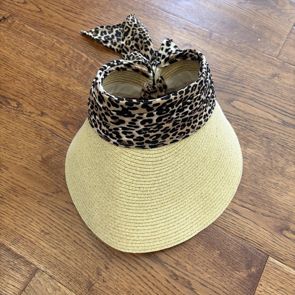 August Hat Company Straw Visor Sun Hat Animal Print Adjustable Tie Beach Travel - Picture 8 of 11